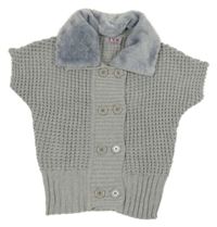 Šedý vlněný propínací svetr s kožešinou