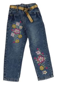 Modré rifle s výšivkami květin a páskem Kids