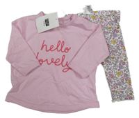 Nové - 2set - Růžové triko s nápisem + bílo-barevné květované žebrované legíny F&F