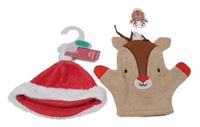 Nové - 2set - Hnědá žínka se sobem + červená sametová čepice s bambulí - Santa