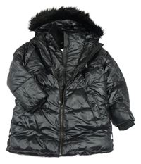 Černý šusťákový zimní kabát s kapucí s kožešinou M&S