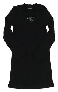 Černé žebrované šaty s motýlkem z kamínků Primark