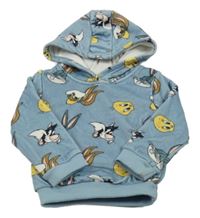 Světlemodrá sametová mikina s Tweetym a kamarády a kapucí 