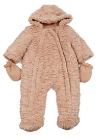 Růžová kožešinová zateplená kombinéza s kapucí + rukavice George