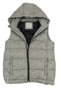 Šedá melírovaná šusťáková zateplená vesta s kapucí 