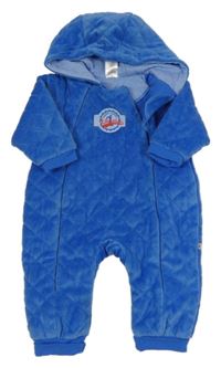 Modrá sametová prošívaná zateplená kombinéza s kapucí 