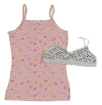 2 set - růžová košilka s motýlky + bílo-barevná květovaná lambáda s krajkou 