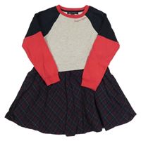 Šedo-tmavomodro-růžové teplákové šaty s kostkovanou sukní 