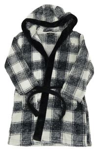 Černo-bílý kostkovaný chlupatý župan s kapucí 
