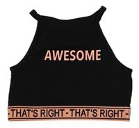 Černý crop top s oranžovým nápisem Page one young