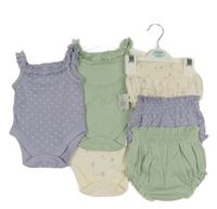 Nové - 6 set - 3x body - zelené + fialové puntíkaté + smetanové + 3x kraťasy George