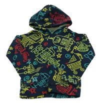 Tmavomodro-žluto-červená fleecová mikina s roboty a kapucí 