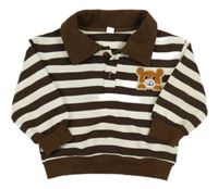 Hnědo-smetanová pruhovaná mikina s medvědem a límečkem