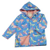 Světlemodrá voděodolná jarní bunda s motýlky a kapucí 