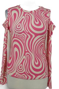 Dámské fuchsiovo-smetanové vzorované triko s průstřihy na ramenou