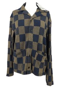 Nové - Pánský tmavomodro-béžový kostkovaný propínací svetr Zara 