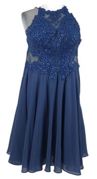 Dámské modré šifonovo/krajkové plesové šaty s kamínky 