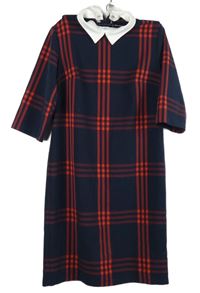 Dámské tmavomodro-červené kostkované šaty s límečkem 
