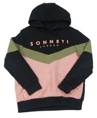 Černo-růžovo-khaki mikina s logem a kapucí Sonneti