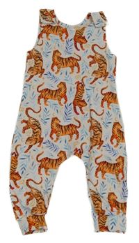 Světlešedé laclové tepláky s listy a tygry 