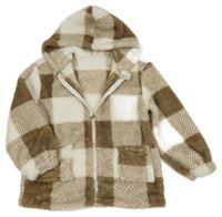 Hnědo-bílá kostkovaná chlupatá propínací mikina s kapucí Shein