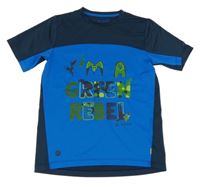 Modro-tmavomodré sportovní tričko s nápisem 