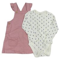 2set - Růžové riflové laclové šaty + body s kytičkami F&F