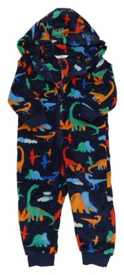 Tmavomodro-barevná chlupatá kombinéza s dinosaury a kapucí M&S