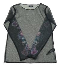 Černé tylové průsvitné triko s květovanými rukávy Next