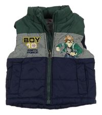 Tmavozeleno-šedo-tmavomodrá šusťáková zateplená vesta s hrdinou 