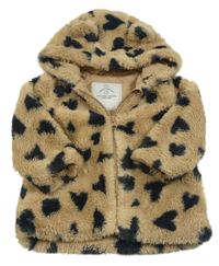 Hnědo-černá kožešinová podšitá bunda se srdíčky a kapucí George