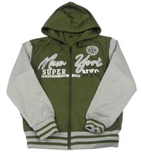 Khaki-šedá propínací mikina s nápisy a kapucí 