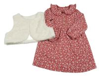 Nové - 2set - Vínové květované šaty s límečkem + smetanová kožešinová podšitá vesta Nutmeg