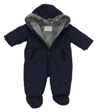 Tmavomodrá prošívaná šusťáková zimní kombinéza s kapucí s kožešinou George