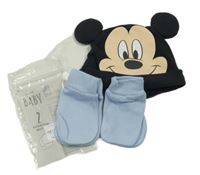 3set - Černá čepice s Mickeym + modré rukavice - nové