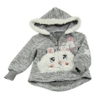 Šedo-černá melírovaná pletená propínací mikina se zajícem a kapucí 