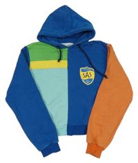 Modro-barevná crop mikina s nášivkou a kapucí