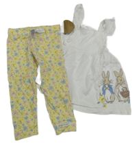 Nové - 2set - Bílý top s králíky a volánky - Peter Rabbit + žluté květované legíny