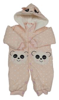 Světlerůžová puntíkatá zateplená kombinéza s pandami a kapucí 