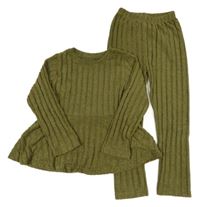 2set - Olivový žebrovaný svetr + kalhoty 