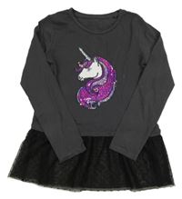 Tmavošedo-černá tunika s jednorožcem a tylovým volánkem  C&A