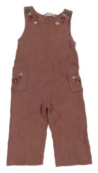 Fialovohnědé pletené laclové kalhoty s kytičkami Ergee