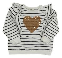 Bílo-černá pruhovaná mikina se srdíčkem z flitrů C&A