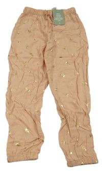 Nové - Starorůžové lehké kalhoty s palmami H&M