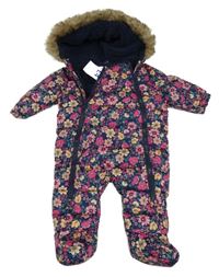 Nové - Tmavomodrá šusťáková zimní kombinéza s kytičkami a kapucí F&F