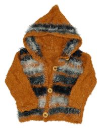 Rezavo-šedý chlupatý propínací svetr s kapucí 