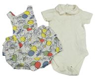 2set - Bílé plátěné laclové kraťasy s králíčky - Peter Rabbit a balonky a volánky + smetanové body s límečkem M&S