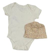 2Set - Bílé body PRIMARK + smetanová květovaná čepice zn.- H&M