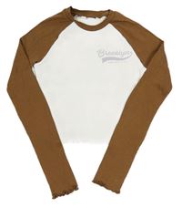 Smetanovo-hnědé žebrované crop triko s nápisy H&M