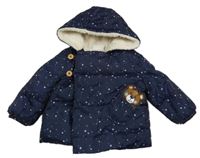 Tmavomodrá prošívaná šusťáková zimní bunda s medvídkem a hvězdičkami a kapucí orsolino